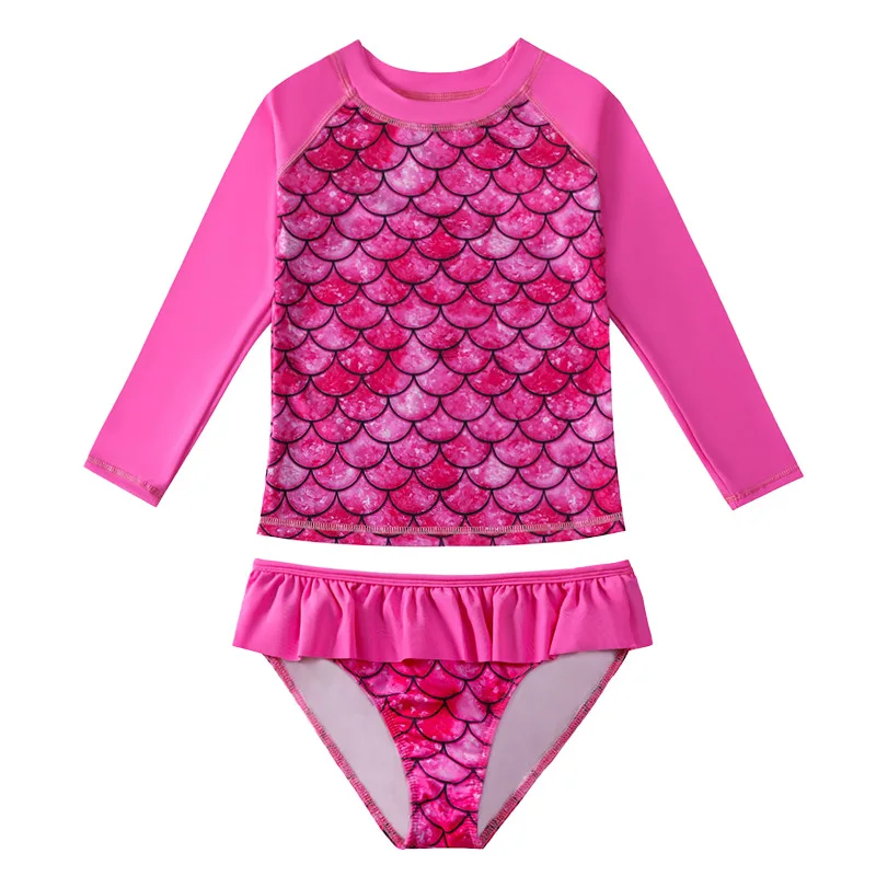 Kids Girls Swimwear Beachwear Long Sleeves Two-piece Mermaid Fish Scale Printed Leotard Swimsuit Children Swimming Bathing Suit