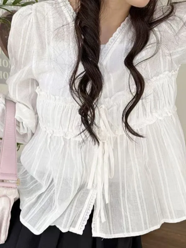Sweet Anti-Aging V-Neck Tie-Dye Loose Long Sleeve Lace Trim Blouse Women's Fashion Spring Autumn Winter Korean Style Casual Wear