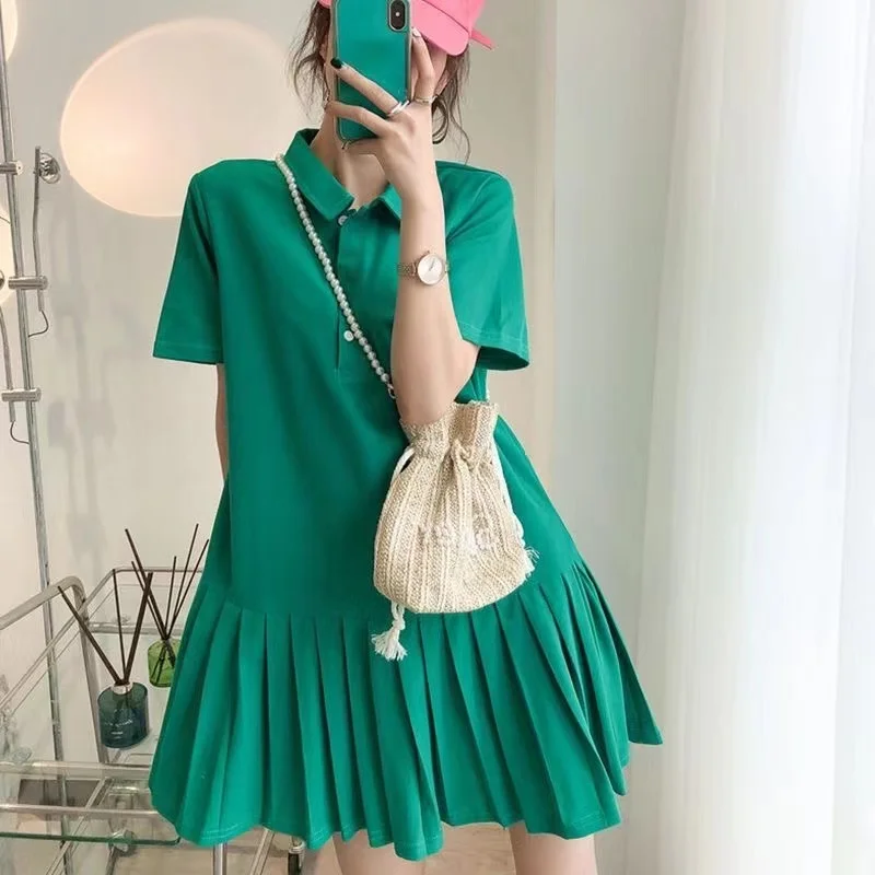 Korean Sle plus Size  Ne ort Sve T-irt Dr Women Loose Small Size Pleated Summer Dr Faionable Midi Dr
