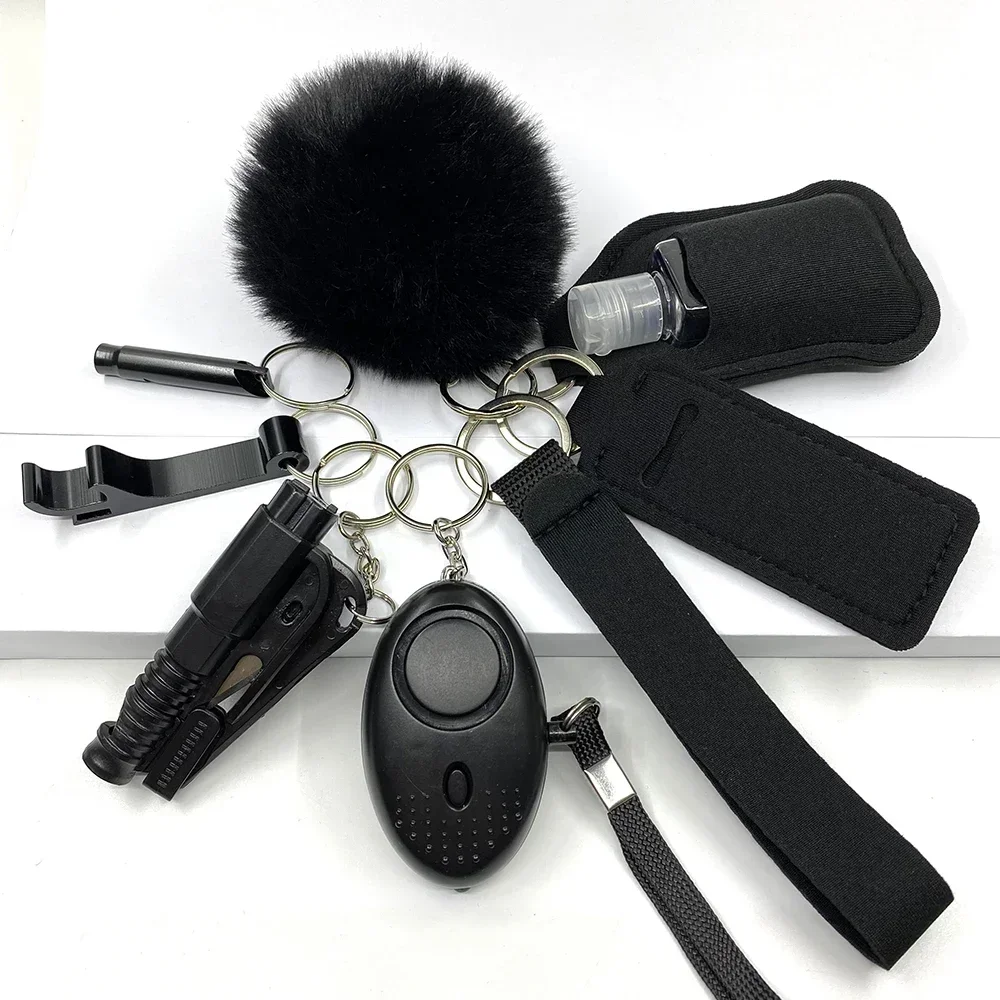 3D 8pcs Women Safety Keychain Supply Self Defense Keychain Pom Pom Fur Ball Wristlet Card Grabber Self Protection Keychain