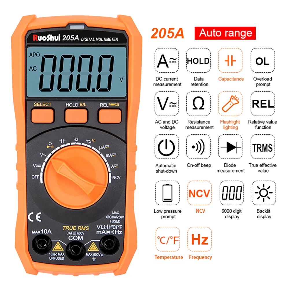 

RuoShui 205A Digital Multimeter AC/DC Ammeter Volt Tester Meter 6000 Counts Multimetro With Temperature LCD Backlight Portable