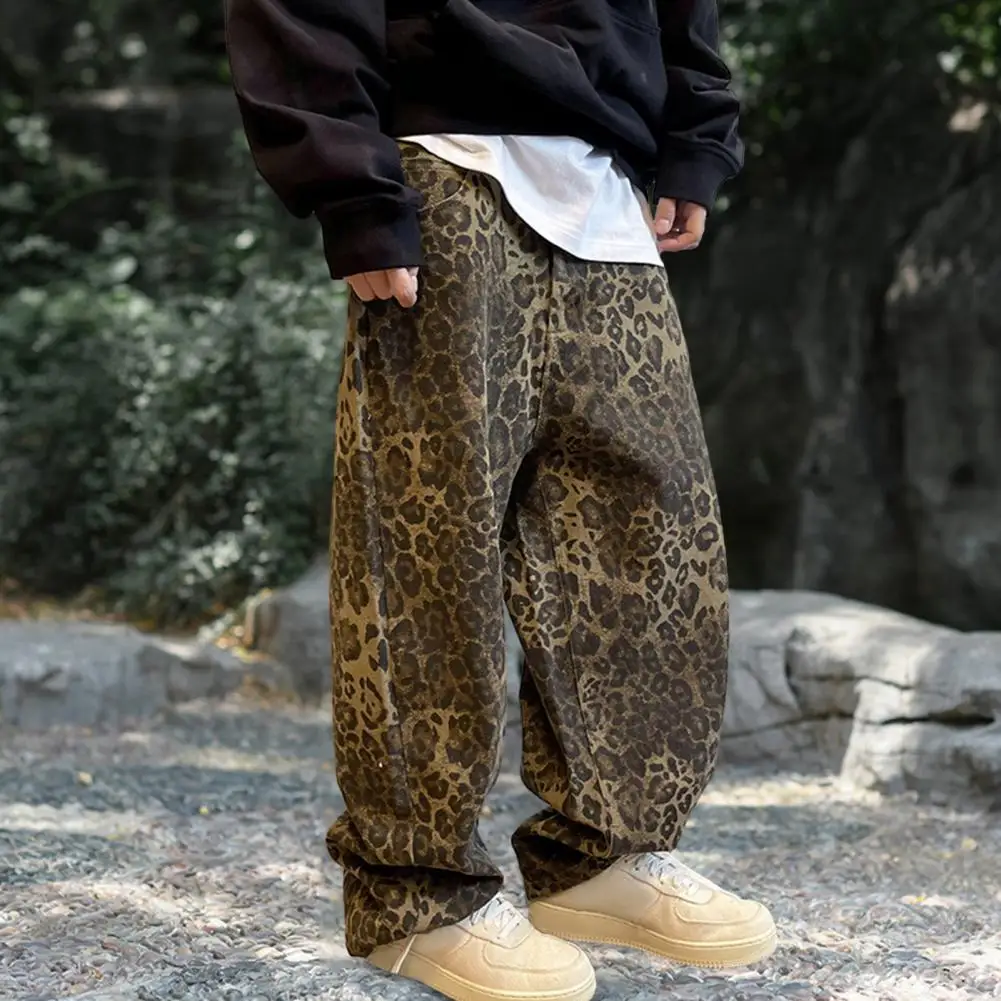 Pantaloni da uomo larghi con cavallo profondo Retro Hip Hop stampa leopardata tasche morbide e traspiranti pantaloni lunghi elasticizzati a vita media a tutta lunghezza