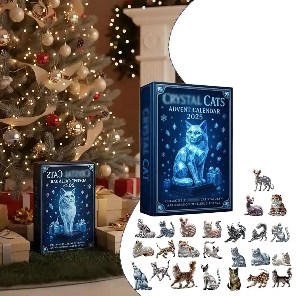 Cat Christmas Countdown 24 Days Christmas Advent Calendar 2D Acrylic Cat Collectible Figurine for Xmas Tree Decor Kids Gifts