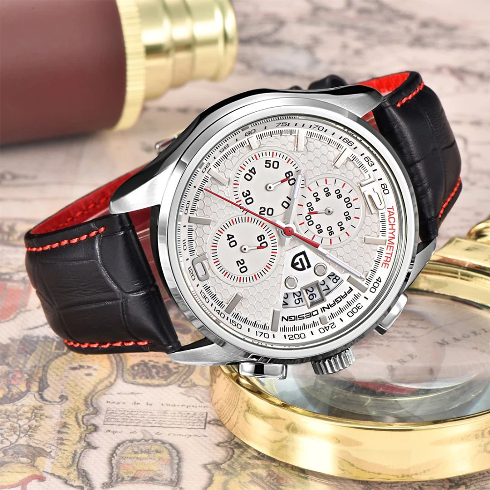 PAGANI DESIGN ساعة رياضية كلاسيكية للاستخدام الخارجي مقاومة للماء من الجلد كوارتز ساعة عسكرية متعددة الوظائف مضيئة للرجال