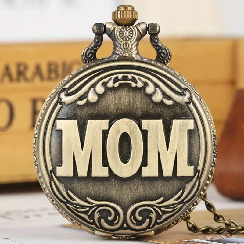 Big MOM Letter Quartz Pocket Watch Vintage Bronze Necklace Pendant Family Souvenir Gifts For Mom Mama On Mother's Birthday Day