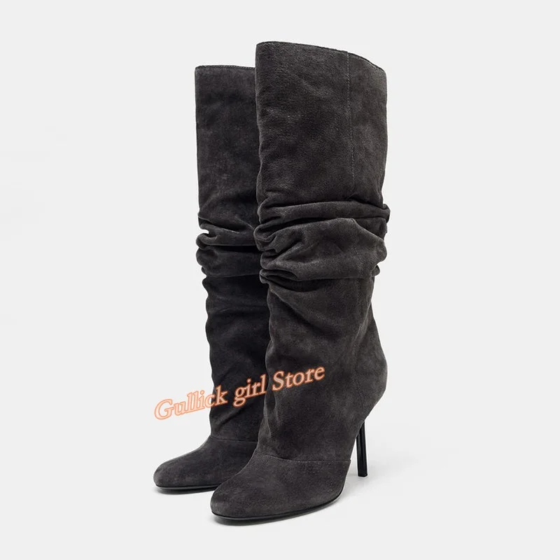 Suede Slouchy Knee High Boots Round Toe Stiletto Thin High Heel Slip On Runway 2026 Winter Autumn Women Fashion Dress Shoes view 2