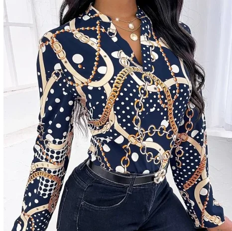 قميص نسائي بأكمام طويلة وسلسلة أزياء ريترو ومطبوع بنقاط بولكا بتصميم كلاسيكي