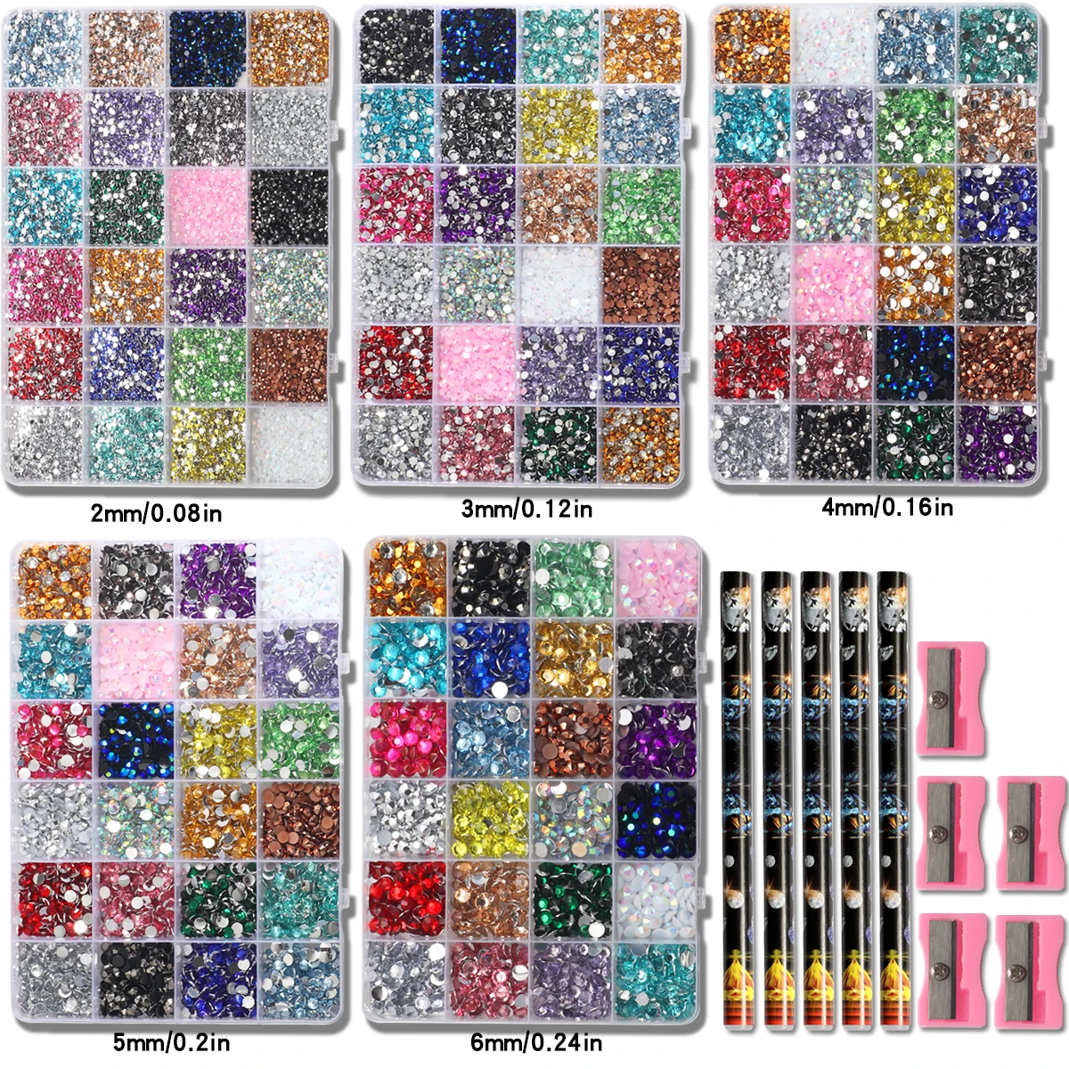 5-Box Set 2mm-6mm/24 Colors Flat Bottom Acrylic Resin Nail Rhinestones For Nail Art Decoration Nail DIY Supplies Suitable For Fa