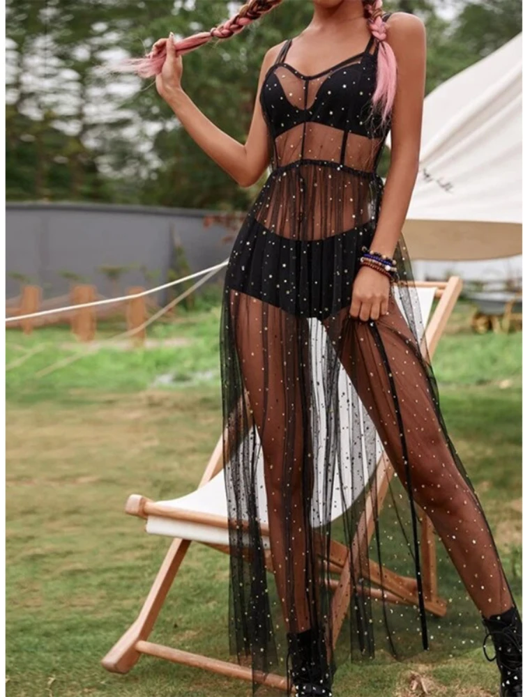 

QWEEK Y2k Sexy See-through Slip Club Night Party Dresses for Women Bohemian Beach Cover Up Long Dress Romantic & Sweet 2024