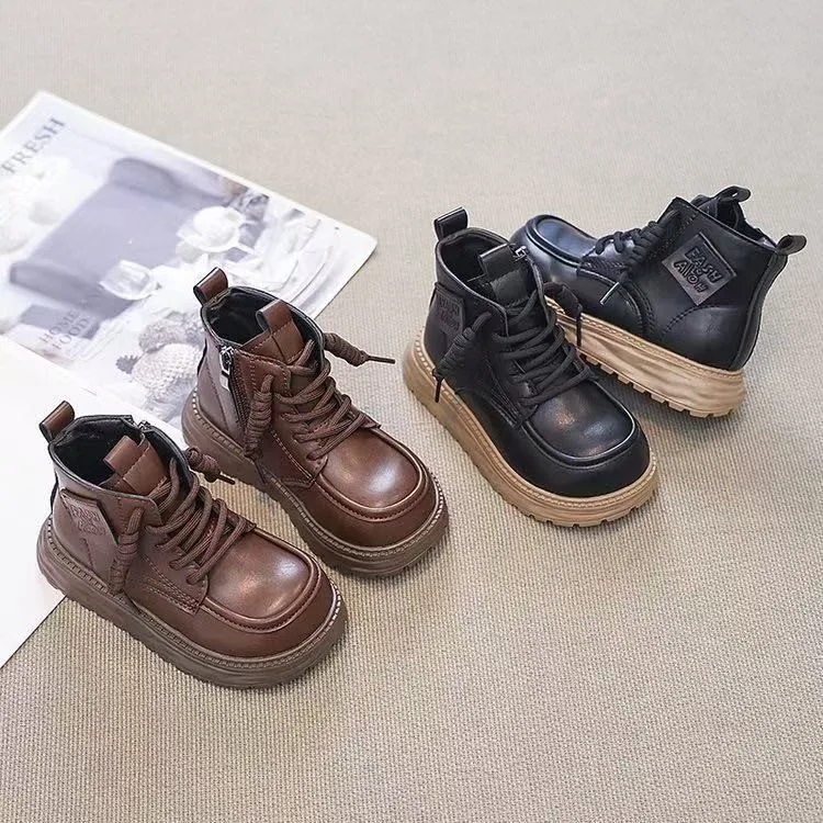 Kids'Snow Boots PU Leather Winter Fashion Outdoor Flat Thick Bottom Shoes For Children Warm Anti-slip Black Brown Size 26-37