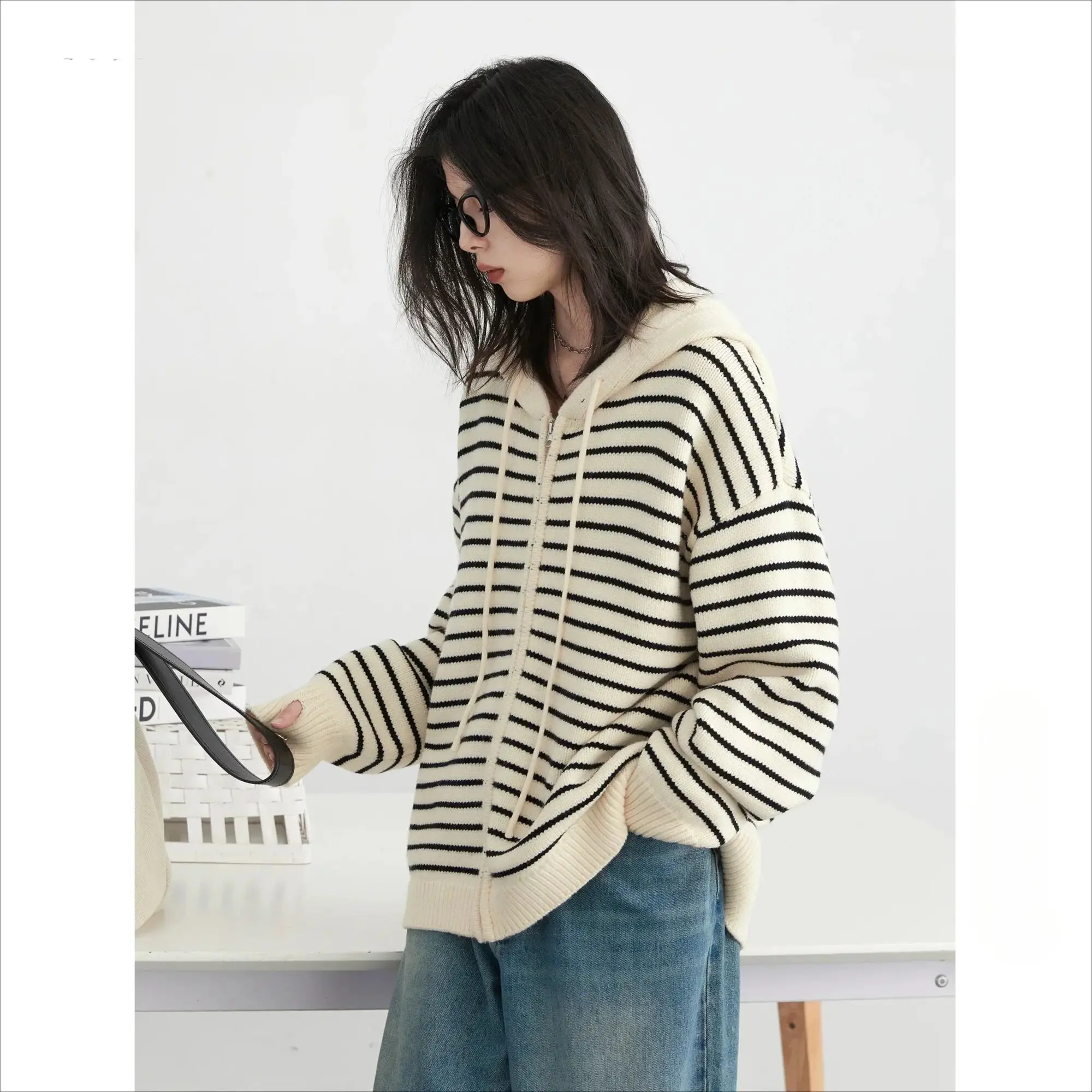 UMI MAO-cárdigan de manga larga para mujer, suéter holgado con capucha y cordón a rayas, jerséis de punto holgados para mujer, Top de otoño y primavera