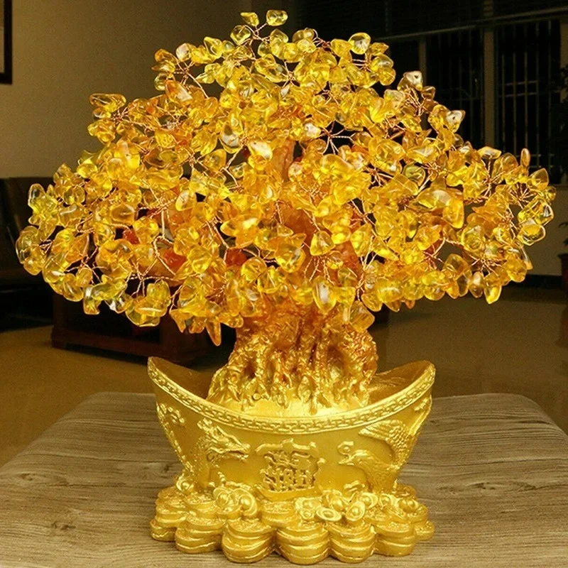 High Yellow Lucky Trees Lemon Quartz Crystal Yuanbao Money Fortune Tree Wealth Luck Feng Shui Ornaments for Prosperity