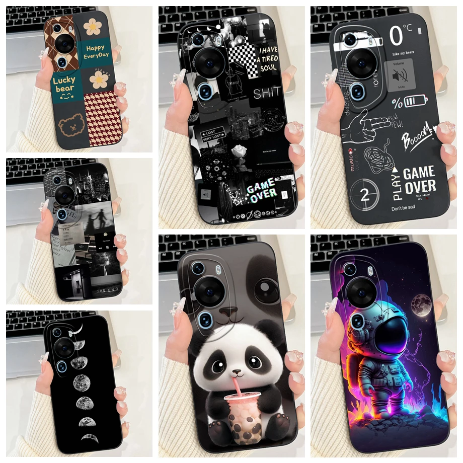For Huawei P60 Art / P60Pro / HuaweiP60 Case Liquid Silicone Soft TPU Back Cover Phone Funda Gothic Black Night Bumper Panda Bag