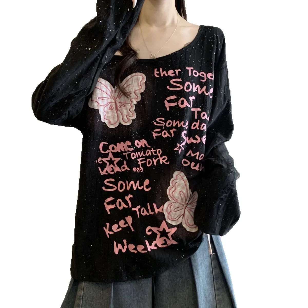 Large Size American Butterfly Slanted Shoulder Long Sleeved T-Shirt for Women, Autumn New Style, Loose Drawstring Top for Women