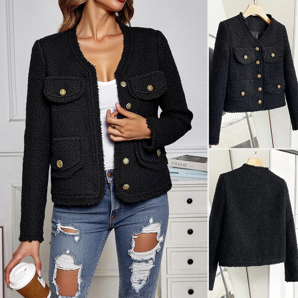 

Women's Jackets 2025 Autumn Elegant Black Solid Color Long Sleeve Round Neck Gold Button Front False Pockets Daily Blazer