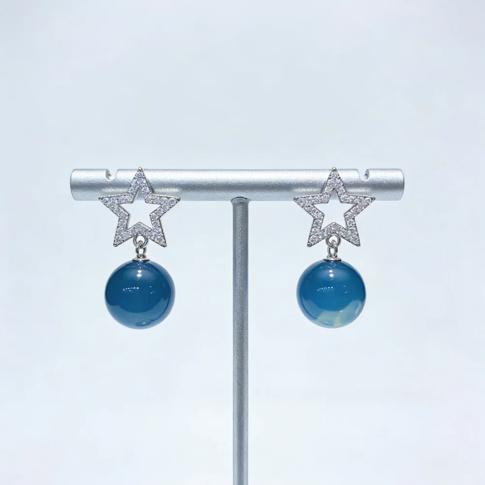

Mexican Blue Amber Earrings Sterling Silver 9mm Diamond Star Studs for Daily Wear Light Date Jewelry Gift for Her