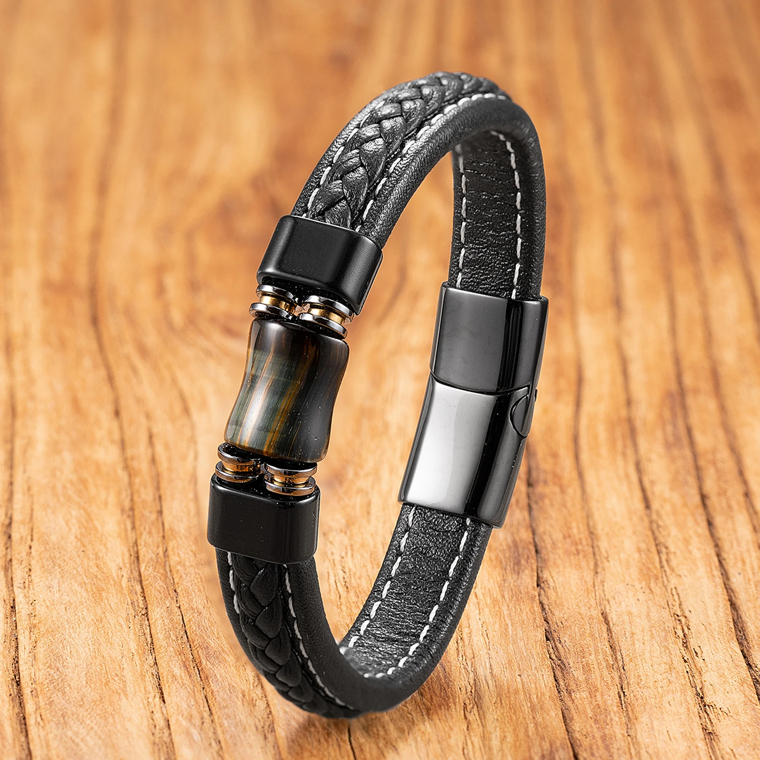 Vintage-Armband aus Achatstein, handgefertigt mit Lederband, einzigartiger Unisex-Boho-Schmuck für den täglichen Gebrauch. – Detail 5