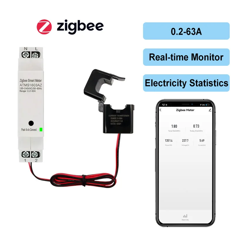 Tuya Smart ZigBee Energy Meter Din Rail with Clamp Current Transformer App Monitor Power Electricity Statistic 110V 240V 50 60Hz