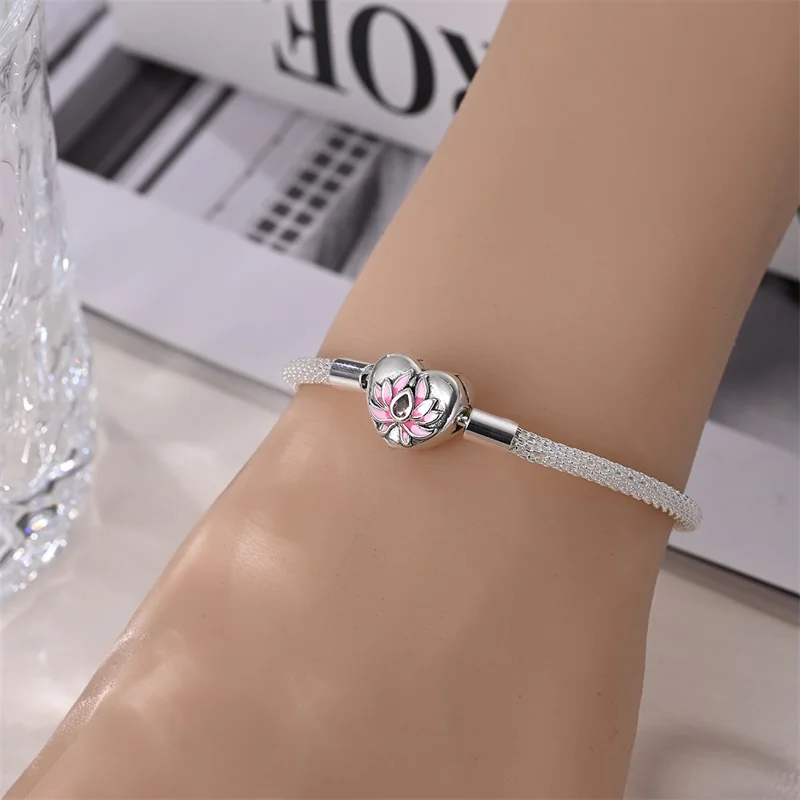 Original 925 Sterling Silver Family Flower Heart Clasp Snake Chain Bracelet Fit Original Charms Fashion Jewelry Gift for Friends