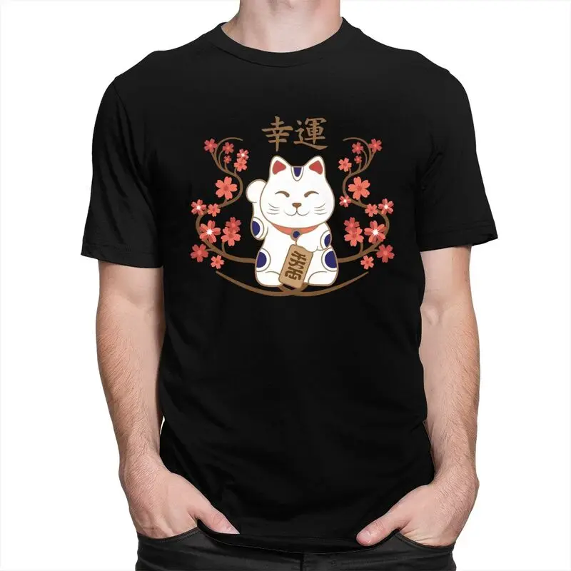 Custom Maneki Neko Cat With Good Luck Kanji T Shirts Men T-shirts Streetwear Tee Pure Cotton Slim Fit Tshirt Merch