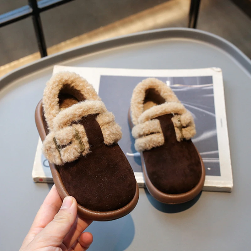 Winter Warm Girls Shoes Suede Round Toe Retro Flat Shoe Thicken Plush Kids Shoes Soft Sole Non-slip Children Cotton Shoe 여아구두