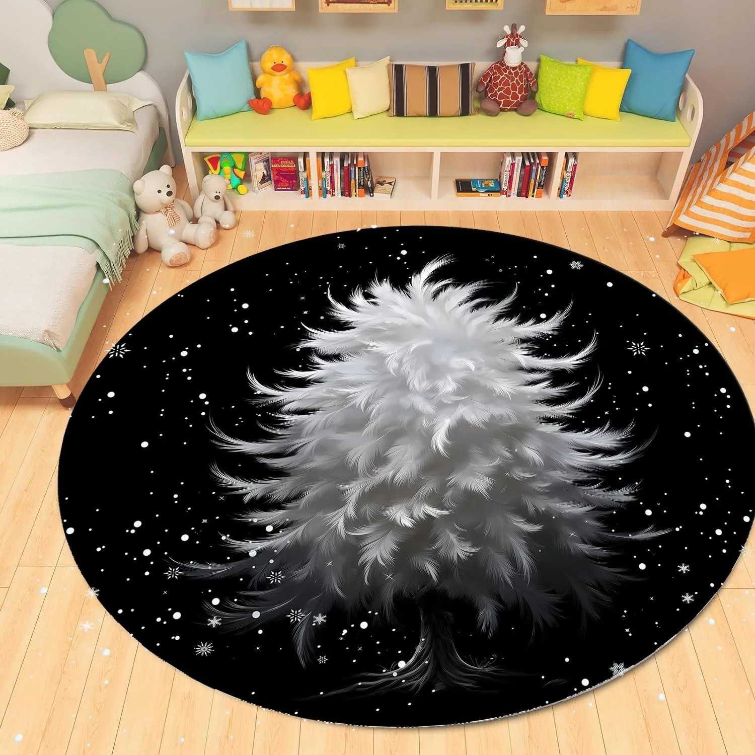 Festive Round Christmas Rug with Tree & Red Plaid – Breathable Floor Mat for Living Room & Kids’ Room Decor
