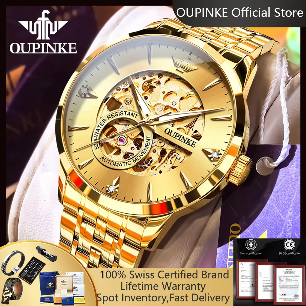 

OUPINKE 3308, водонепроницаемые мужские часы, японские мужские наручные часы с автоматическим механизмом, лучший люксовый бренд, оригинальные золотые часы для мужчин