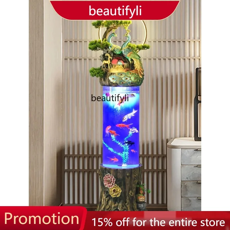 S Chinese Creative Water Fountain Waterscape Cylindrical Ecological Fish Tank Living Room Floor Stand Decoration Humidifier 01A