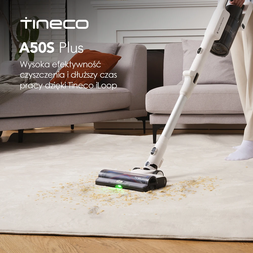 Tineco Pure ONE A50S Bezprzewodowy Odkurzacz Akumulatorowy, Elastyczny Odkurzacz 70 Min. Czasu Pracy, Szczotka 3DSense Power, Technologia PureCyclone, 1L Pojemnik na Kurz, Moc ssąca 185W dla Grubych