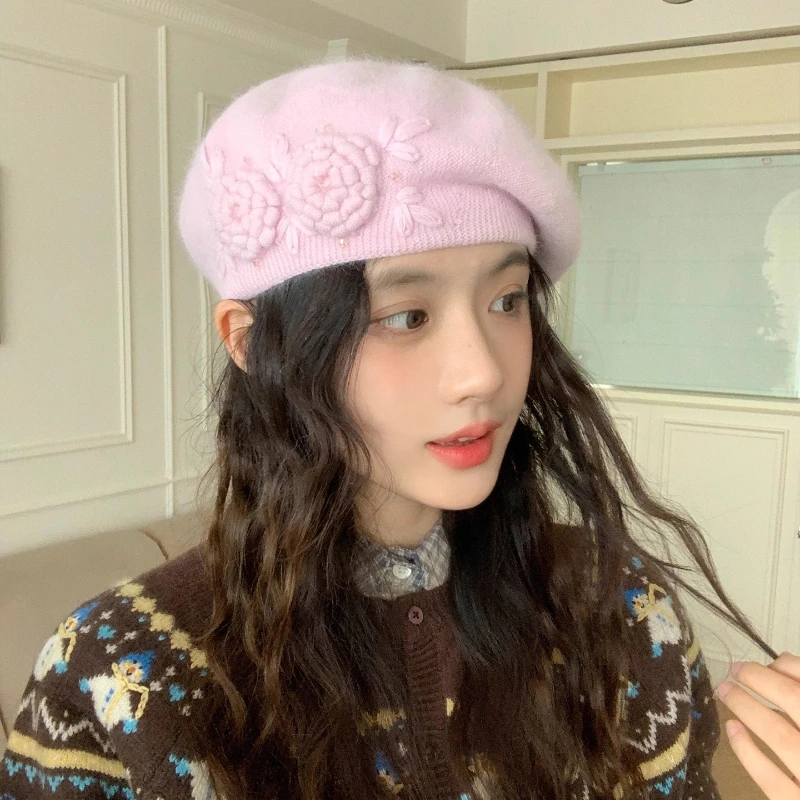 

Ins Sweet 3D Flower Design High Quality Rabbit Velvet Knit Berets for Women Autumn Winter Versatile Casual Elegant Painter Hat