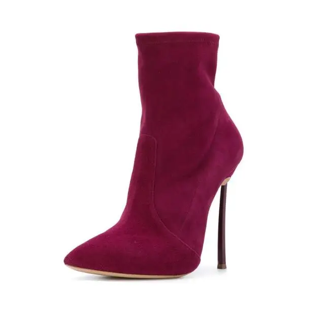 

Sexy Grey Fuchsia Stretch Suede Blade High Heel Ankle Boots Woman 10/8 cm Metal Heel Pointed Toe Short Boots Shoes