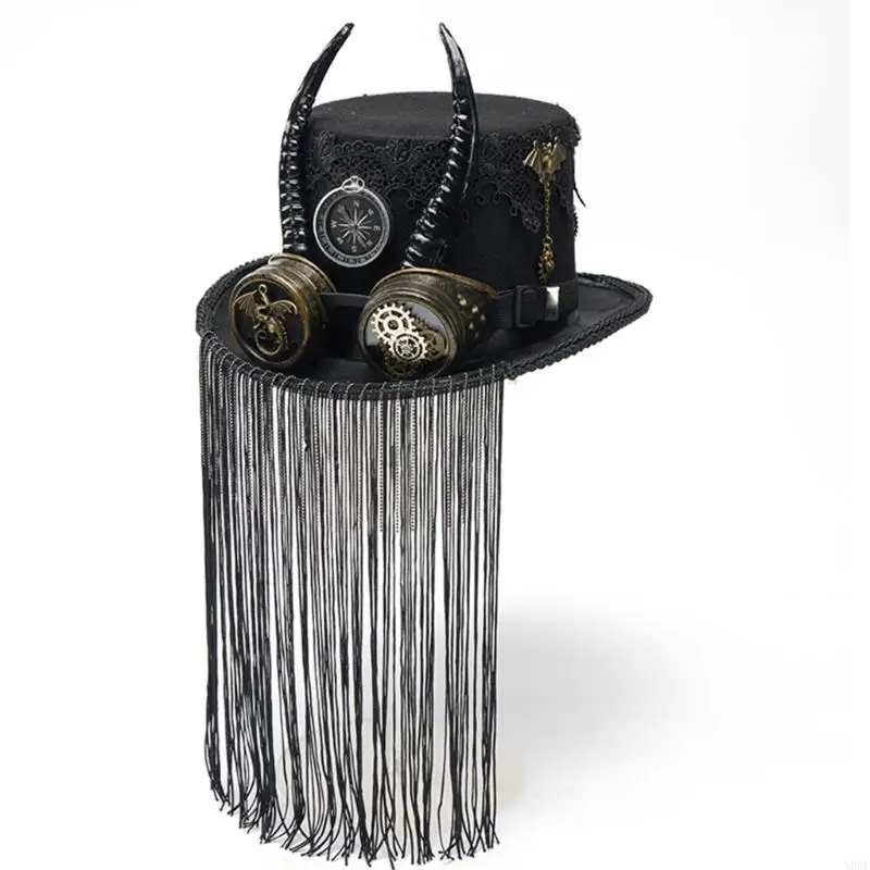 Steampunks Goggle Mit Fransen Dekoration Ziege Horn Kappe Top Cap Kopfbedeckung Für Cosplay Outdoor Event Y08E – Detail 10