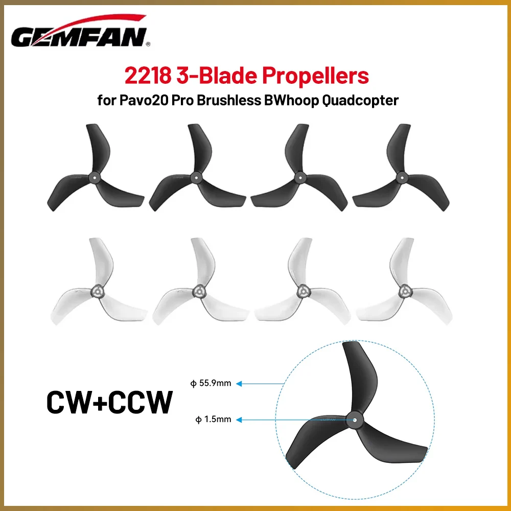 4 peças/12 peças gemfan 2218 hélices de 3 lâminas 1.5mm eixo cw ccw adereços para pau20 pro sem escova bwhoop quadcopter quadro drone