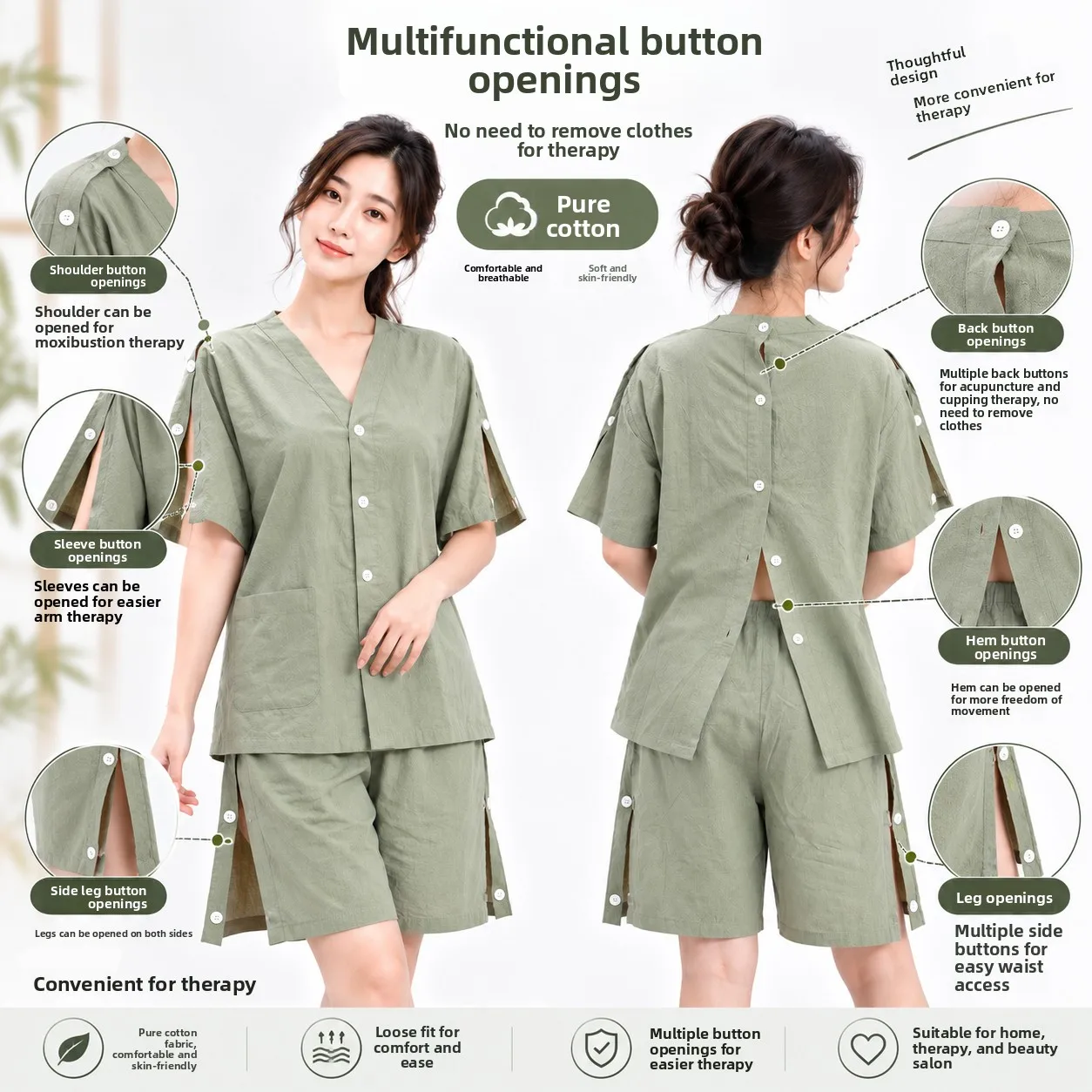 Pure Cotton Back Opening Massage Robe Ear Scraping Therapy Shoulder Sleeve Unbuttoned Beauty And Hair Care Cotton Bathrobe