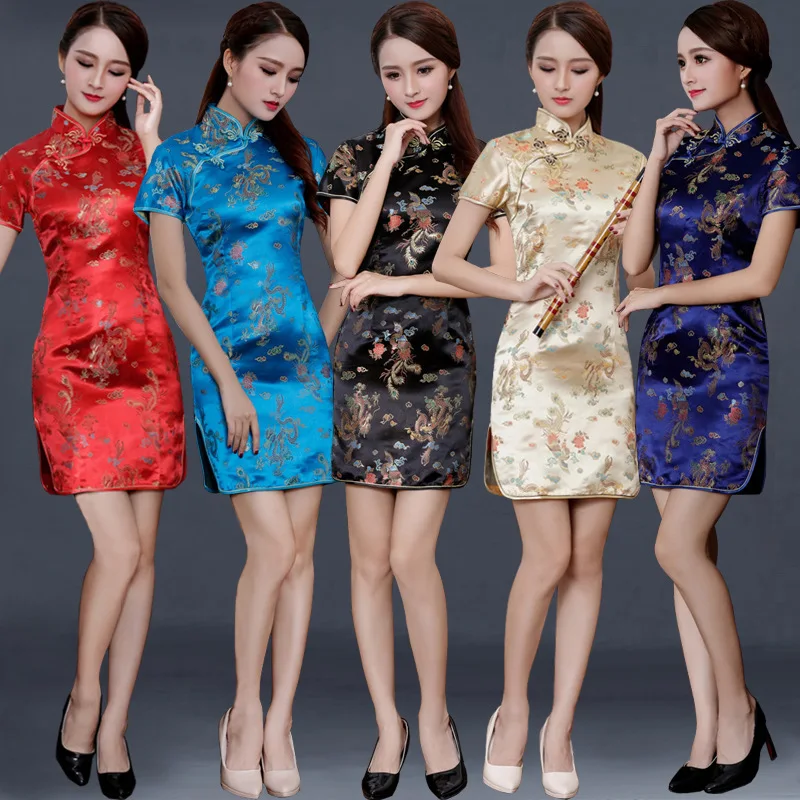 

6Colors Plus Size S-6Xl Chinese Qipao Classic Women Satin Short Cheongsam Oriental Bride Wedding Dresses Sexy Evening Party Gown