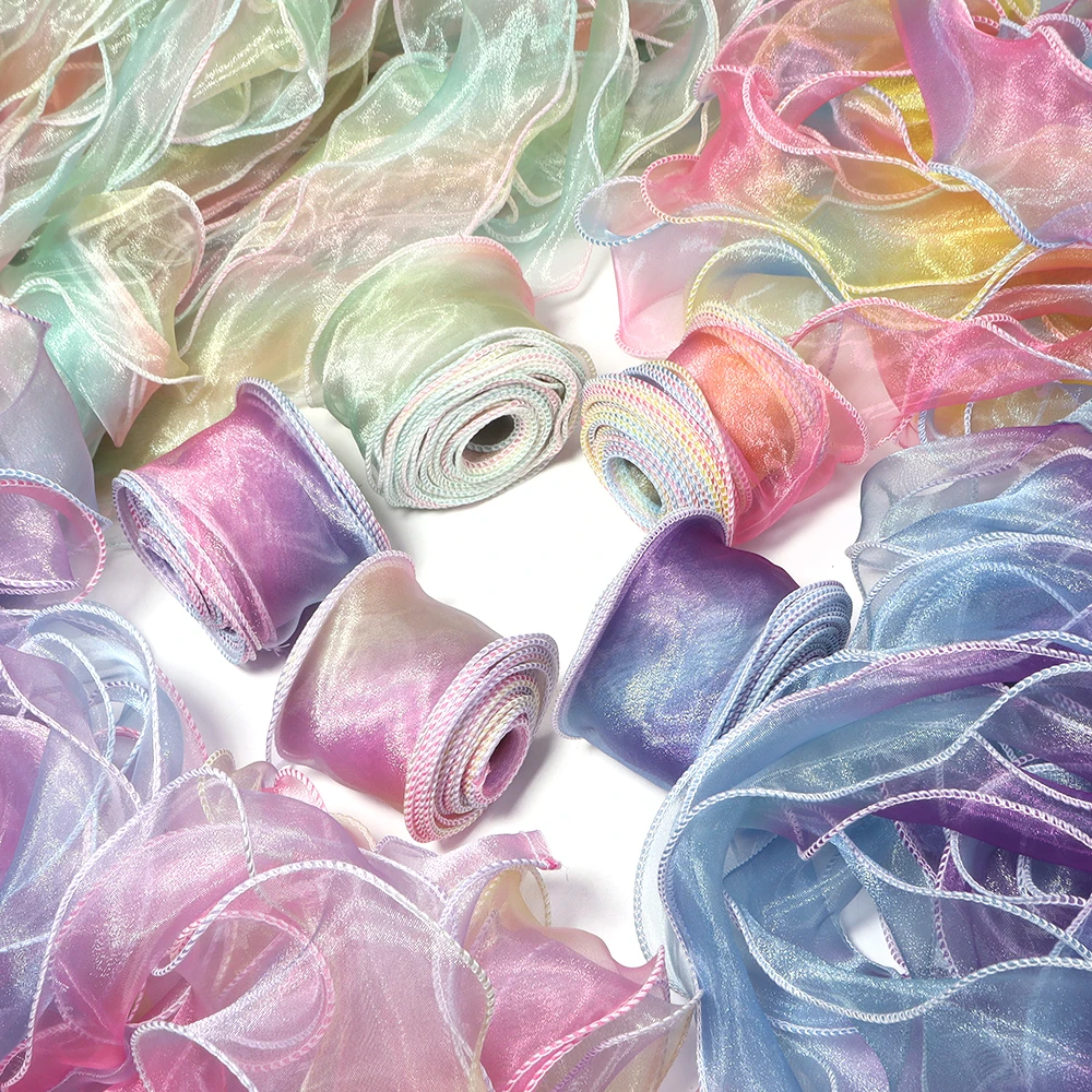 Fotografia 6: Fitas de organza acetinada com borda ondulada iridescente reflexiva de 6cm, 5 jardas/lote, para embrulho de presentes, laços DIY e decoração de acessórios de cabelo.