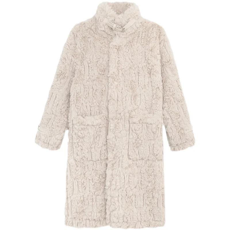 Cappotto di lana di agnello donna di media lunghezza 2024 inverno allentato Chic spesso caldo imitazione coniglio peluche giacche di pelliccia colletto alla coreana capispalla donna