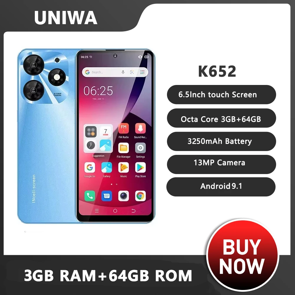 الإصدار العالمي UNIWA K652 هاتف ذكي رفيع للغاية 4G يعمل بنظام أندرويد 6.53 بوصة HD 3GB + 64GB هواتف محمولة 3250mAh 13MP هاتف محمول بسعر رخيص