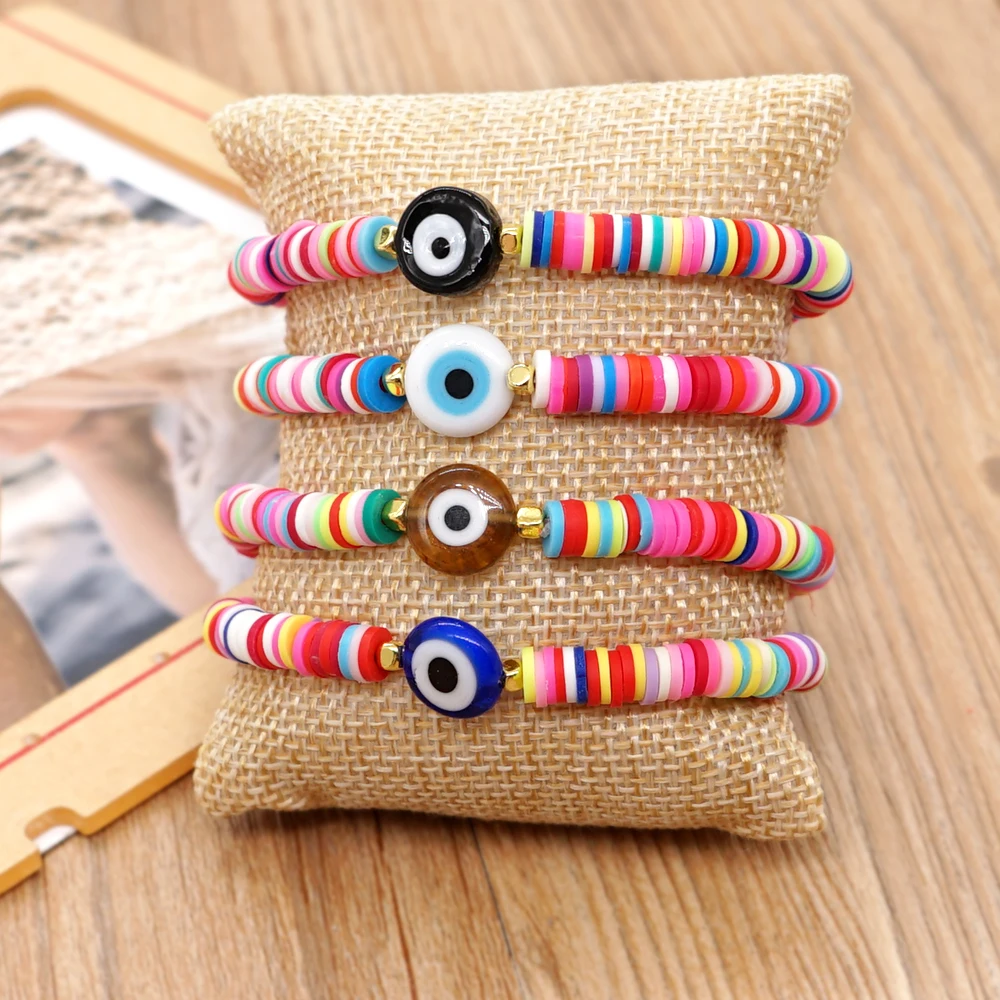 Go2BoHo Multi Colored Evil Eye Bracelet Heishi Disc Fashion Jewelry Colorful Polymer Clay Beaded Bracelets for Women Jewelry