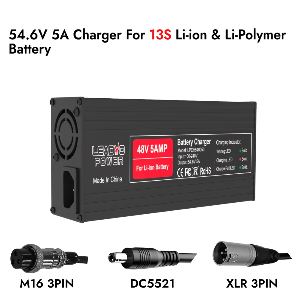 Batteria al litio caricabatterie 54,6 V 5A per 48 V 13 S li-io Ebike con spina DC2.1 XLR-3PIN M16 Guscio in alluminio Caricatore rapido intelligente 48 V