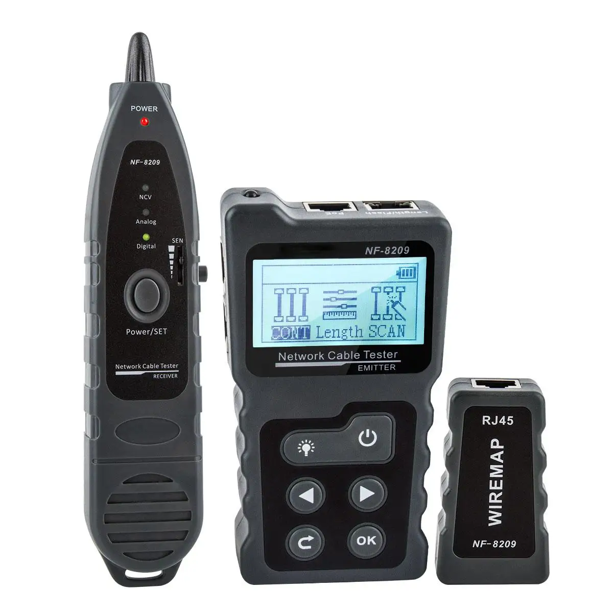 NOYAFA NF-8209 Tester kabli sieciowych Tester mapy przewodów Narzędzia sieciowe Lokalizator kabli Ethernet Sprawdzanie Poe Wyświetlacz LCD Pomiar długości