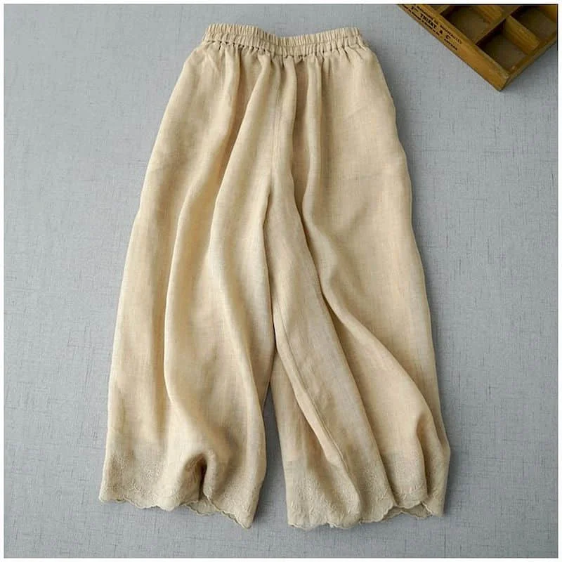 Capri Pants Women Summer Wear Vintage Embroidered Elastic Waist Double-layer Cotton Linen Trousers Casual Flowing Baggy Pants