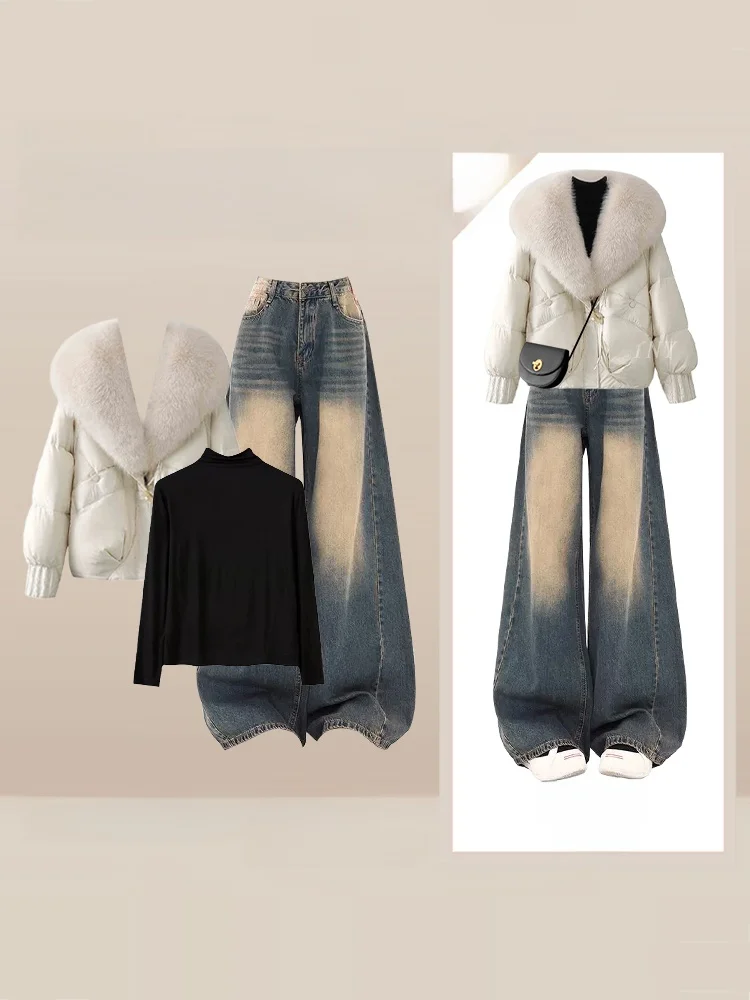 

Зимний теплый джинсовый комплект с высокой талией для женщин: хлопковая куртка с большим меховым воротником и джинсы-брюки, модный