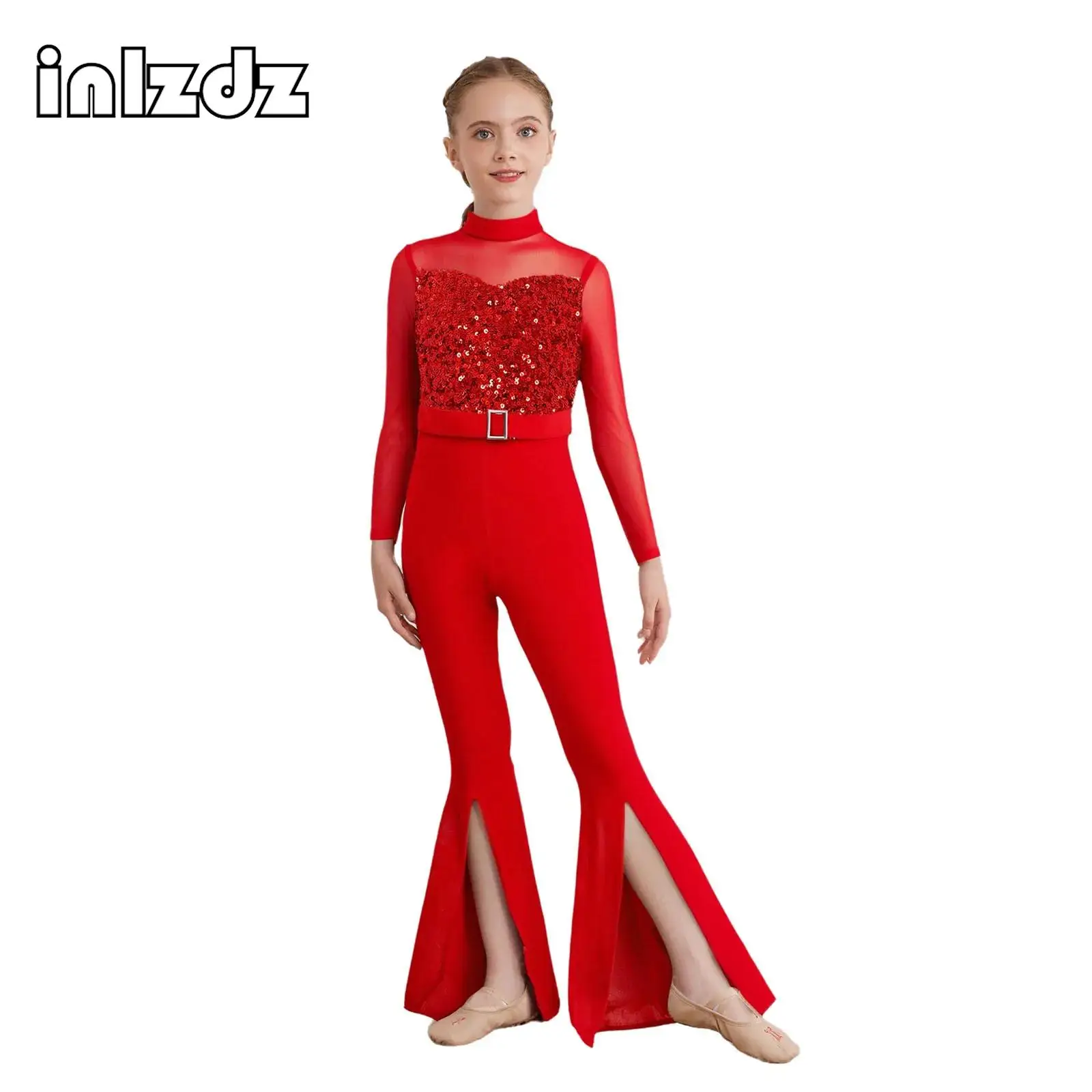 

Child Girls Jazz Dance Costume Long Sleeve Sequins Bodice Split Bell-Bottom Jumpsuit for Latin Samba Cha-cha Dance Performance