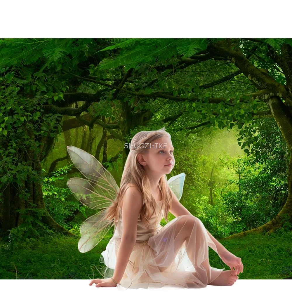 خلفية مشهد الغابات للتصوير الفوتوغرافي لاستحمام الطفل والأوراق الخضراء والمغامرة والزفاف وخلفية ديكور الغرفة الفوتوغرافية