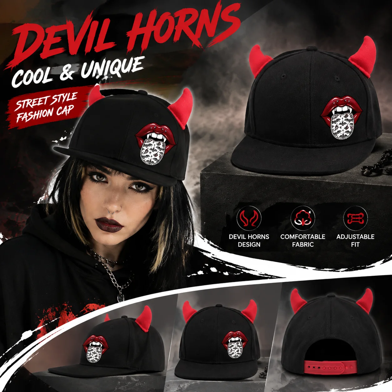 1 Halloween Devil's Corner Men's and Women's Baseball Hat, Printed Flat Edge Button Hat, Gothic Street Hip Hop Costume Hat