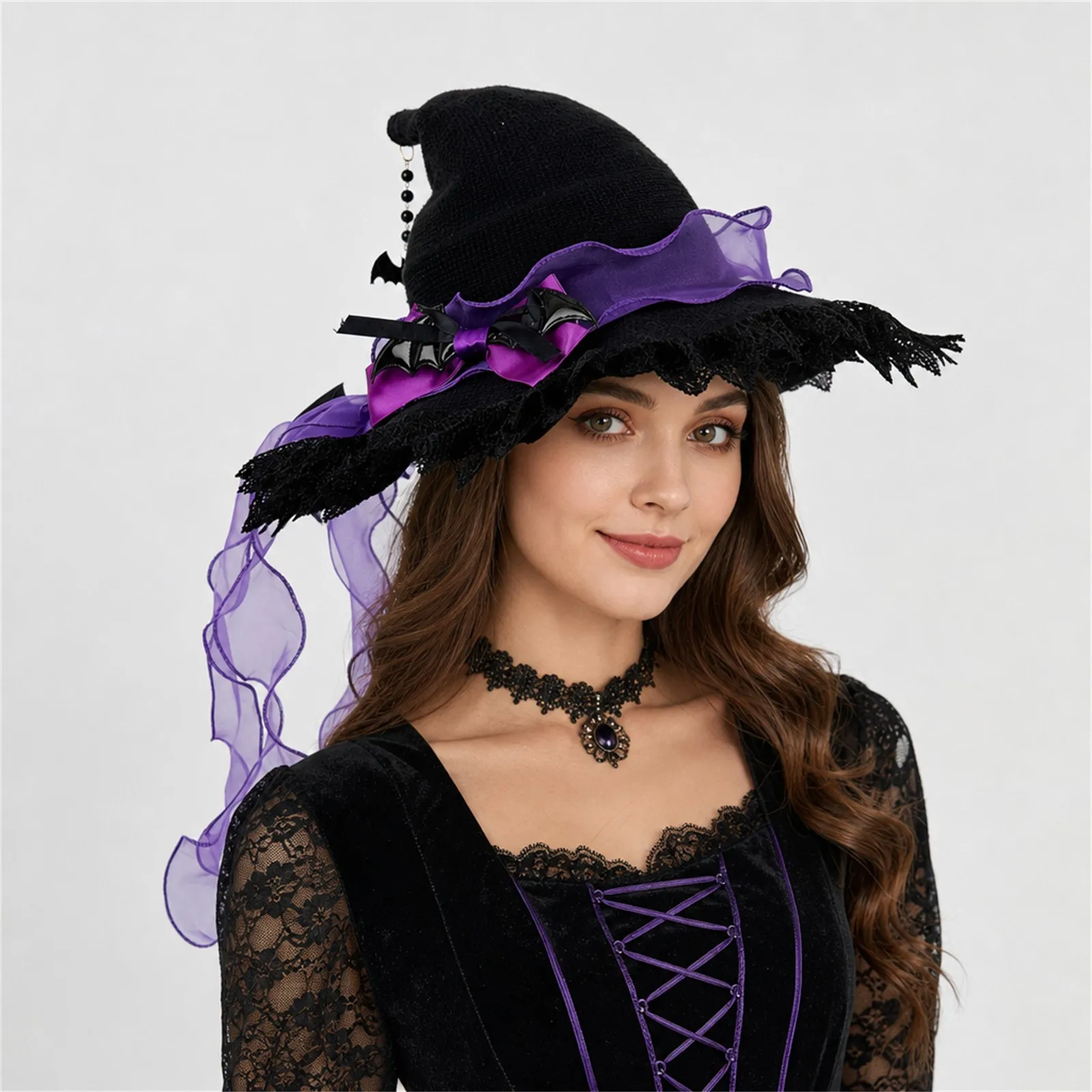Women Gothic Ruffled Ribbon Bow Lace Witch Hat Halloween Bat Pentagram Decor Lolita Vampire Cosplay Costume Accessories