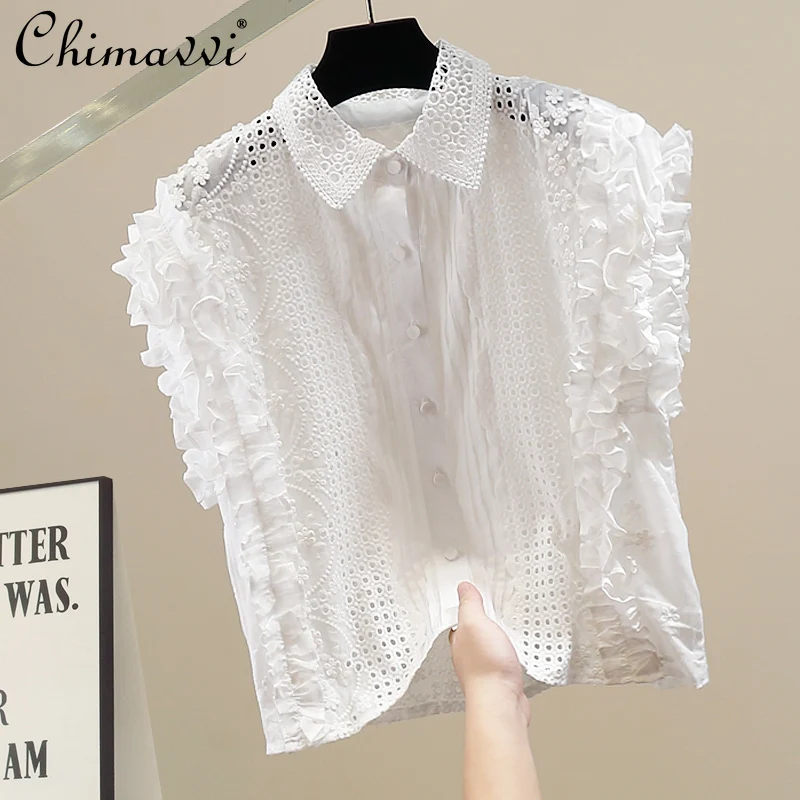 

Fashion Heavy Lace Decorative Lapel Flying Sleeve Shirt 2025 Summer New Sweet Girl Loose Temperament Shirt Womens Blouse Tops