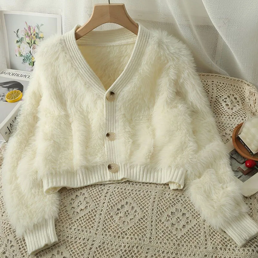 New Imitation Mink Velvet Knitted Cardigan Women's Autumn Winter Loose Design Soft Sweater V-neck Design Knitted Coat For Ladies