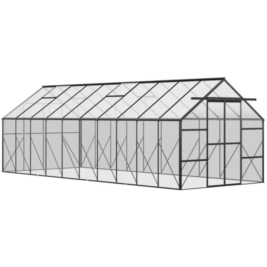 

Алюминиевая теплица 20' x 8' с поликарбонатными стенами, регулируемым вентиляционным отверстием на крыше, водосточным желобом и раздвижной дверью.